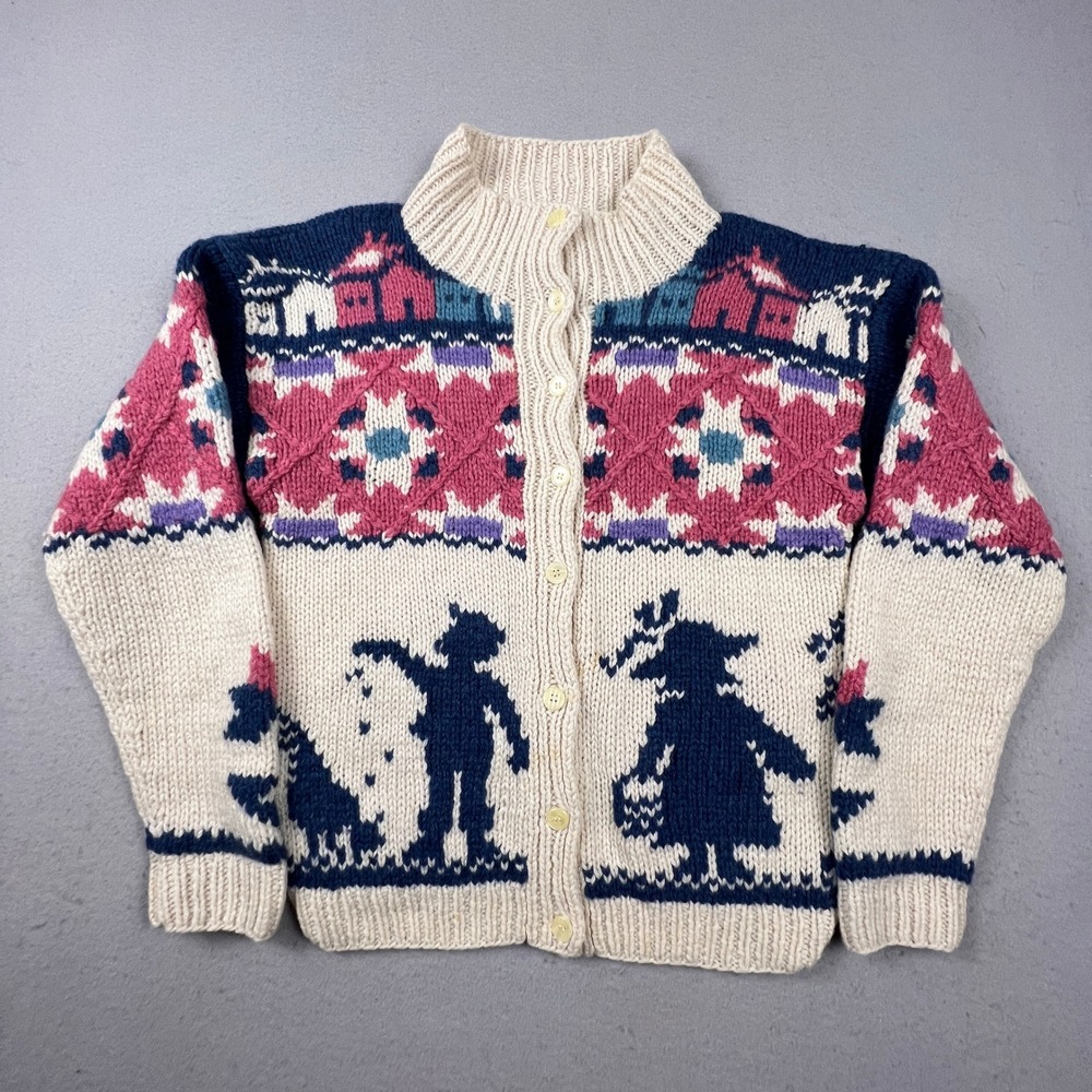 Woolrich Cardigan Sweater Womens M Cream Wool Folk Art Intarsia Vintage 90s Knit